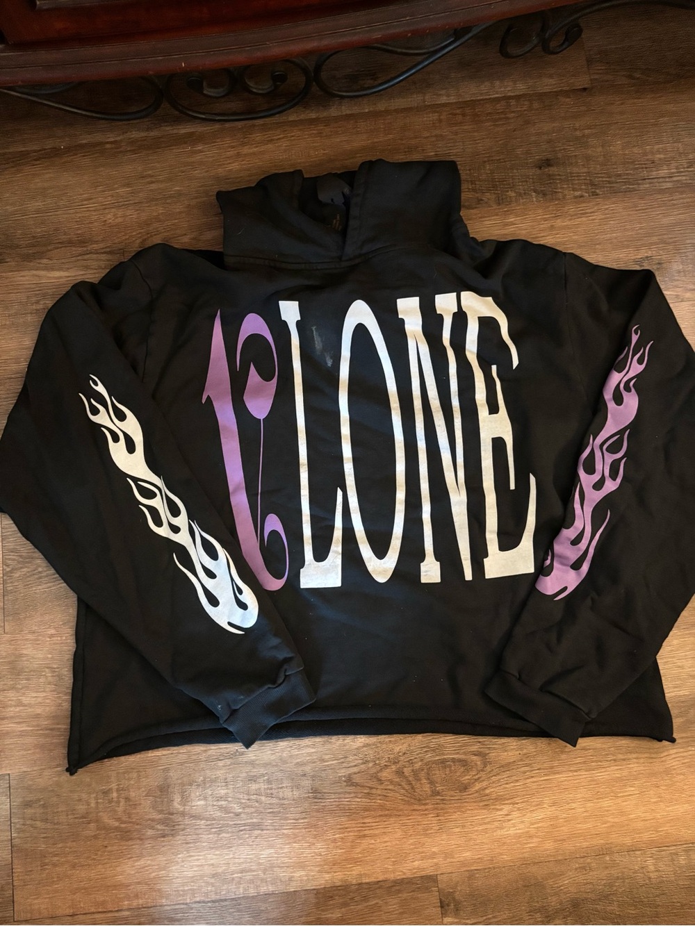 Black vlone X palms angels Hoodie with Purple & White Flame Graphics